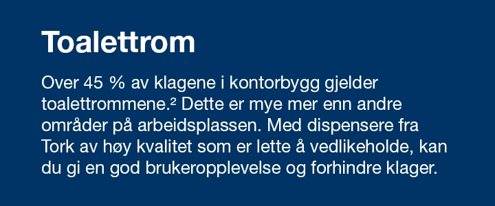 Tekst om toalettrom, 45% av klagene i kontor bygg gjelder toalettrommene