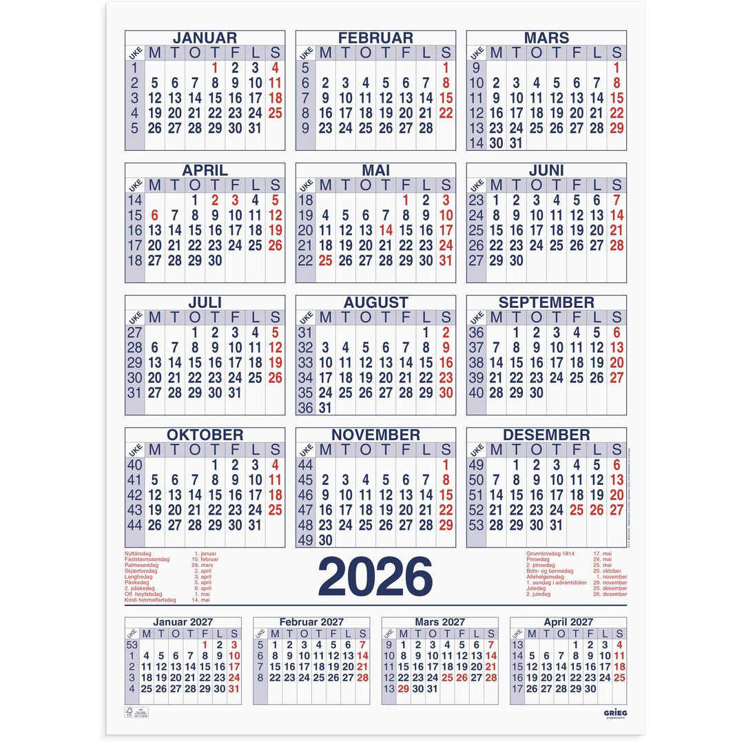 Plakatkalender Grieg 2026 59x80 cm