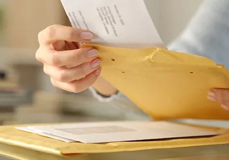 En person som legger ett ark i en brun konvolutt