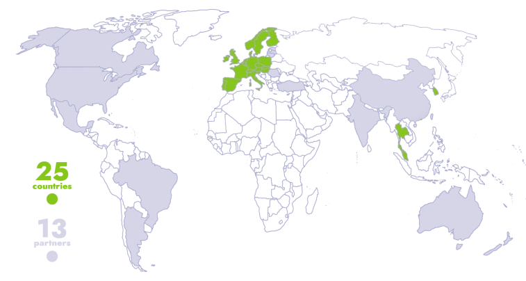 World map with 25 countries highlighted in green across Europe and Asia, and 13 partners indicated in other regions. Text on the left reads 25 countries and 13 partners. The map has a professional and informative tone, showing Lyreco's global presence.