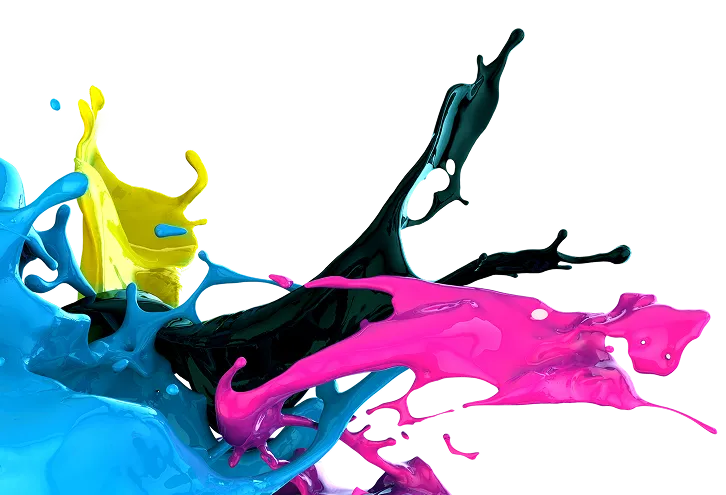 Blå, gul, svart og rosa maling som spruter ut (datagenerert)