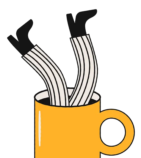 Ett grafisk bilde, av en kaffekopp som noen har falt opp i og kun ben stikker opp