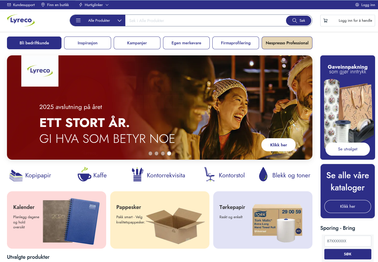 Lyreco-nettbutikk med utvalgte produkter og søkefunksjon