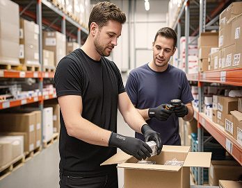 2 personer på ett lager som fyller en boks