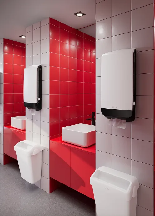 Moderne toalettrom med røde fliser, veggmonterte Katrin papirdispensere og hvite avfallsbeholdere ved vaskene.