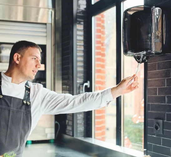 En person som tar papir fra en dispenser