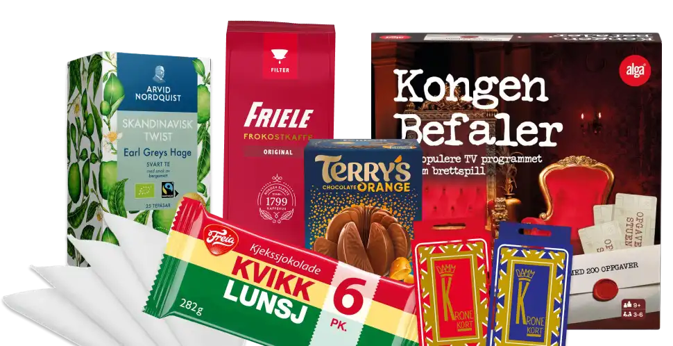 Diverse produkter som passer påske. Som sjokolande, brettspill, servietter etc