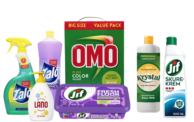 Renholdsprodukter fra Zalo, OMO, Jif, Lano og Krystal