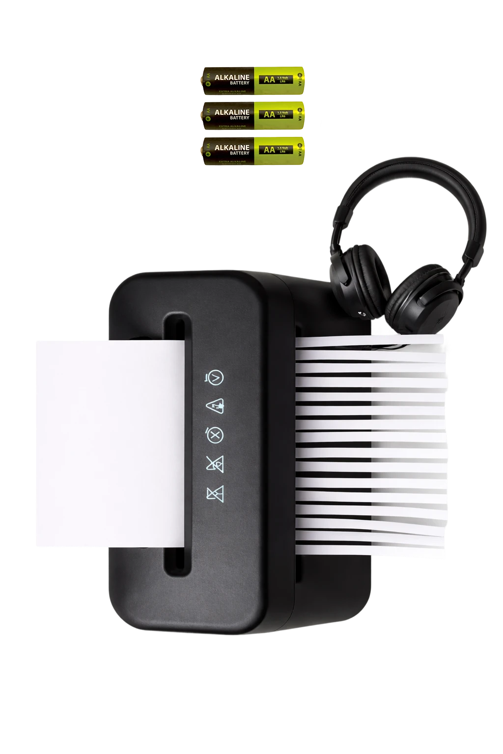 Makuleringsmaskin, hodetelefoner og batterier