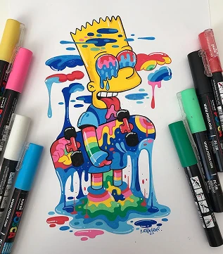 En fargerik Bart Simpson med dryppende maling laget med Posca tusjer