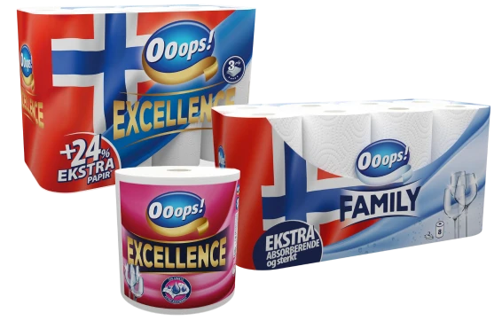 Diverse Ooops produkter (tørkepapir og toalettpapir)