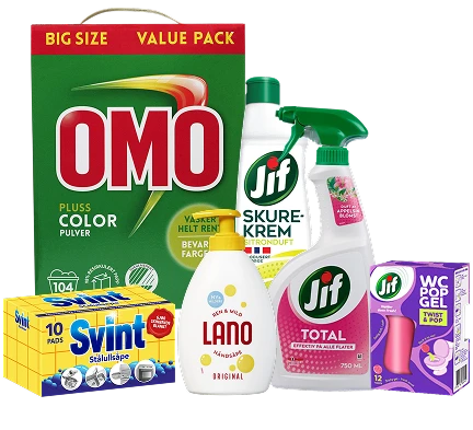 Diverse renholdsprodukter. OMO color, Jif, Svint, Lano