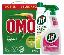 Diverse renholdsprodukter. OMO color, Jif, Svint, Lano