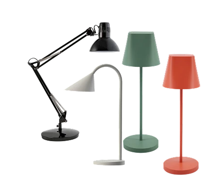 Diverse bordlamper i forskjellige farger