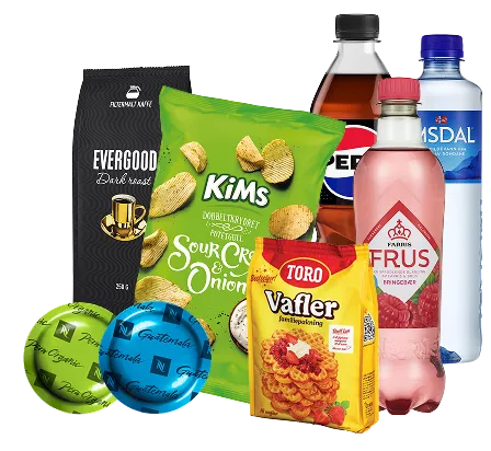 Diverse mineralvann og snacks til kontoret