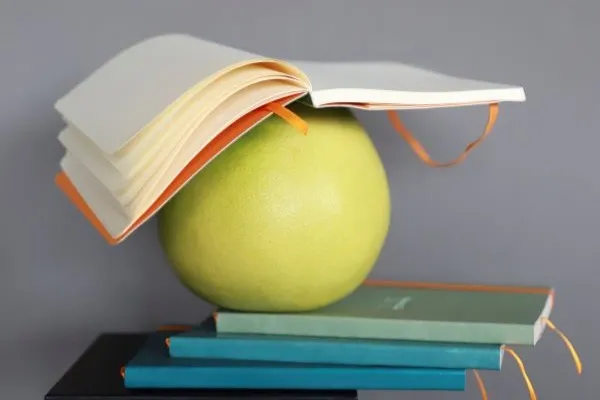 Rhodia notatbøker på ett lite bord med ett eple og en bok liggende på eple