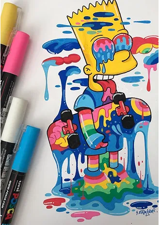 En fargerik tegning av en animert figur, tegnet med Posca tusj