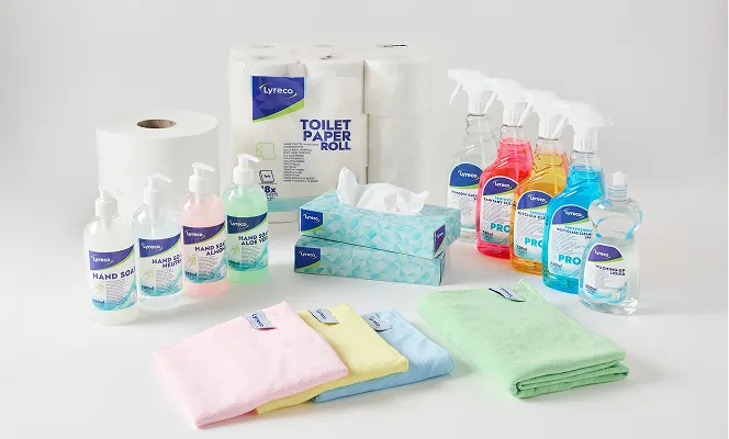 Diverse produkter fra Lyreco EMV serien, blant annet tørkepapir, kluter og såpe