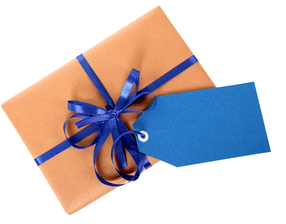 En pakke med gråpapir, ett blått bond og ett blått kort