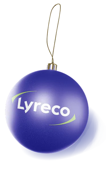 En blå julekule med Lyreco logoen